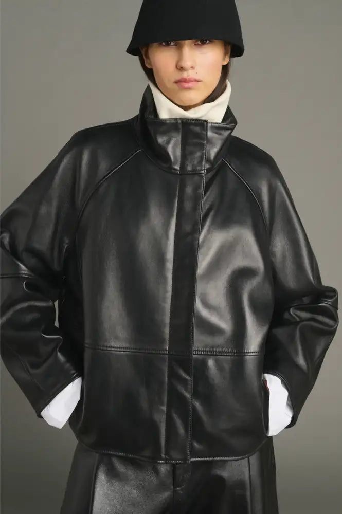 Soeur Gamma Black Glazed Leather Raglan Jacket