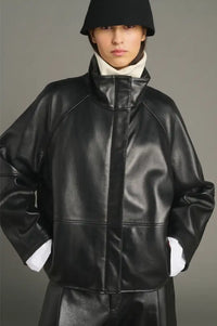 Soeur Gamma Black Glazed Leather Raglan Jacket