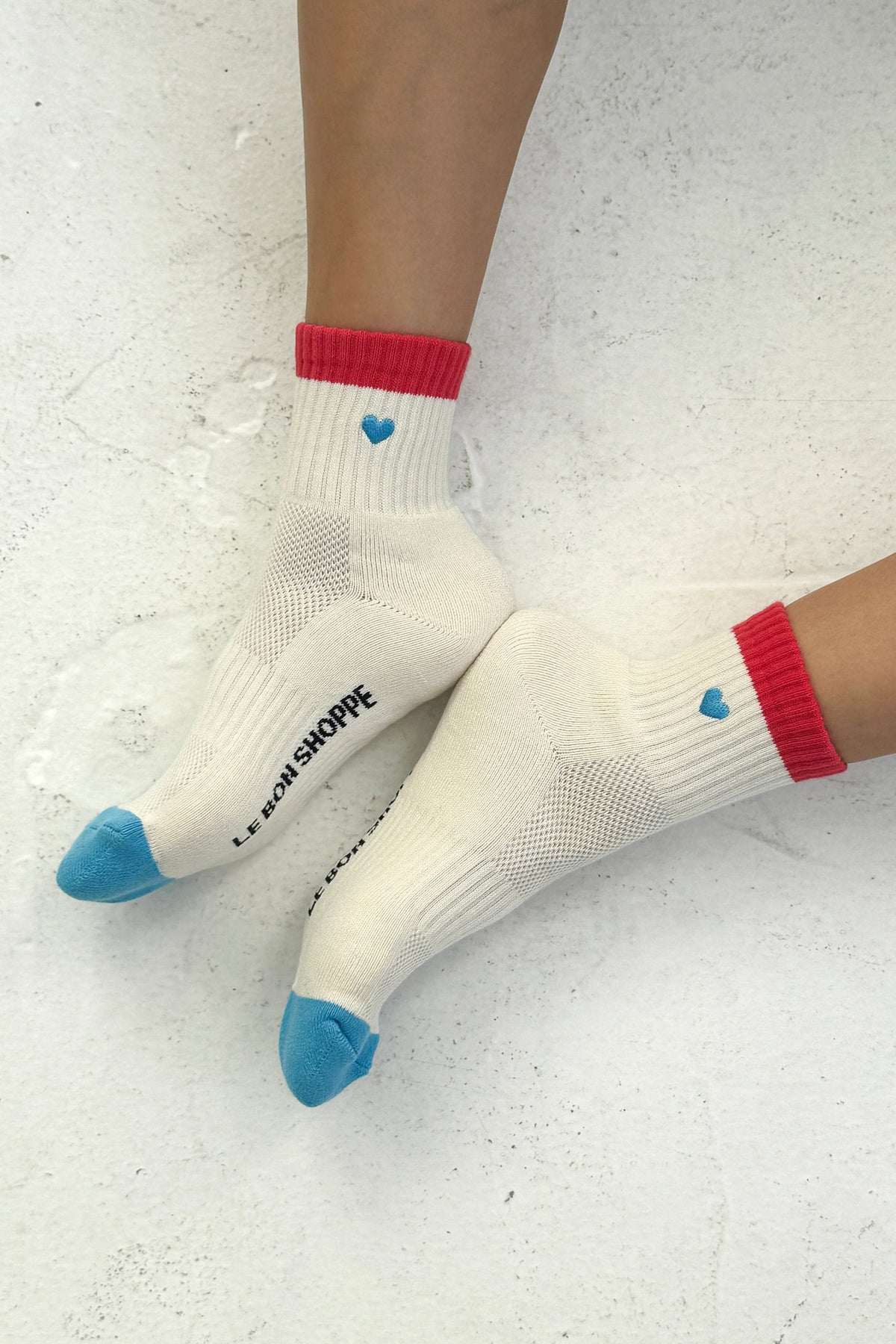 Embroidered Color Block Girlfriend Socks (wholesale): BLUE RED + HEART - The Mercantile London