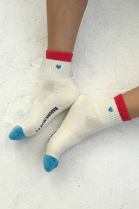 Embroidered Color Block Girlfriend Socks (wholesale): BLUE RED + HEART - The Mercantile London