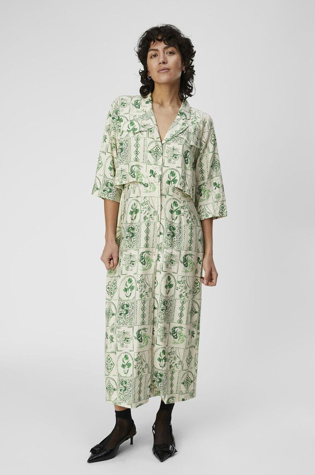 Object Eli Vibrant Green 3/4 Sleeve Long Shirt Dress - The Mercantile London