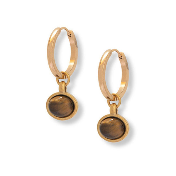 Gold hoop earrings with round brown stones on a white background