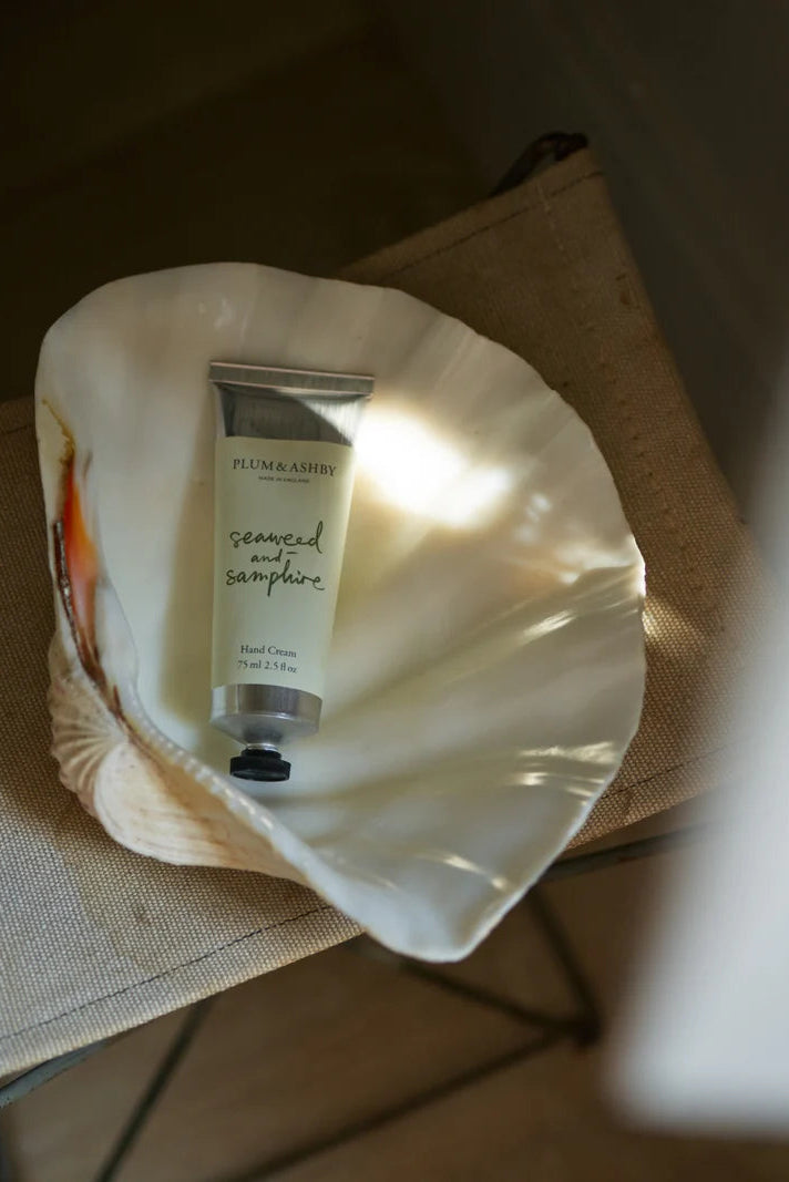 Hand cream in a shell with 'Pluma Aire' branding on a wooden surface