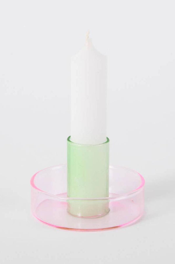 Block Design Duo Tone Glass Candle Holder: Pink/Green - The Mercantile London