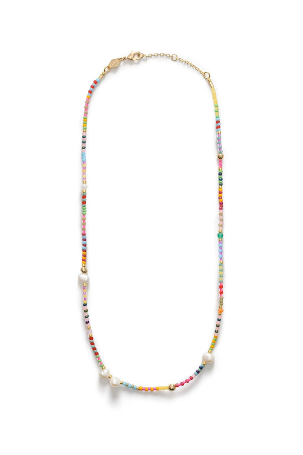 Colorful beaded necklace on a white background