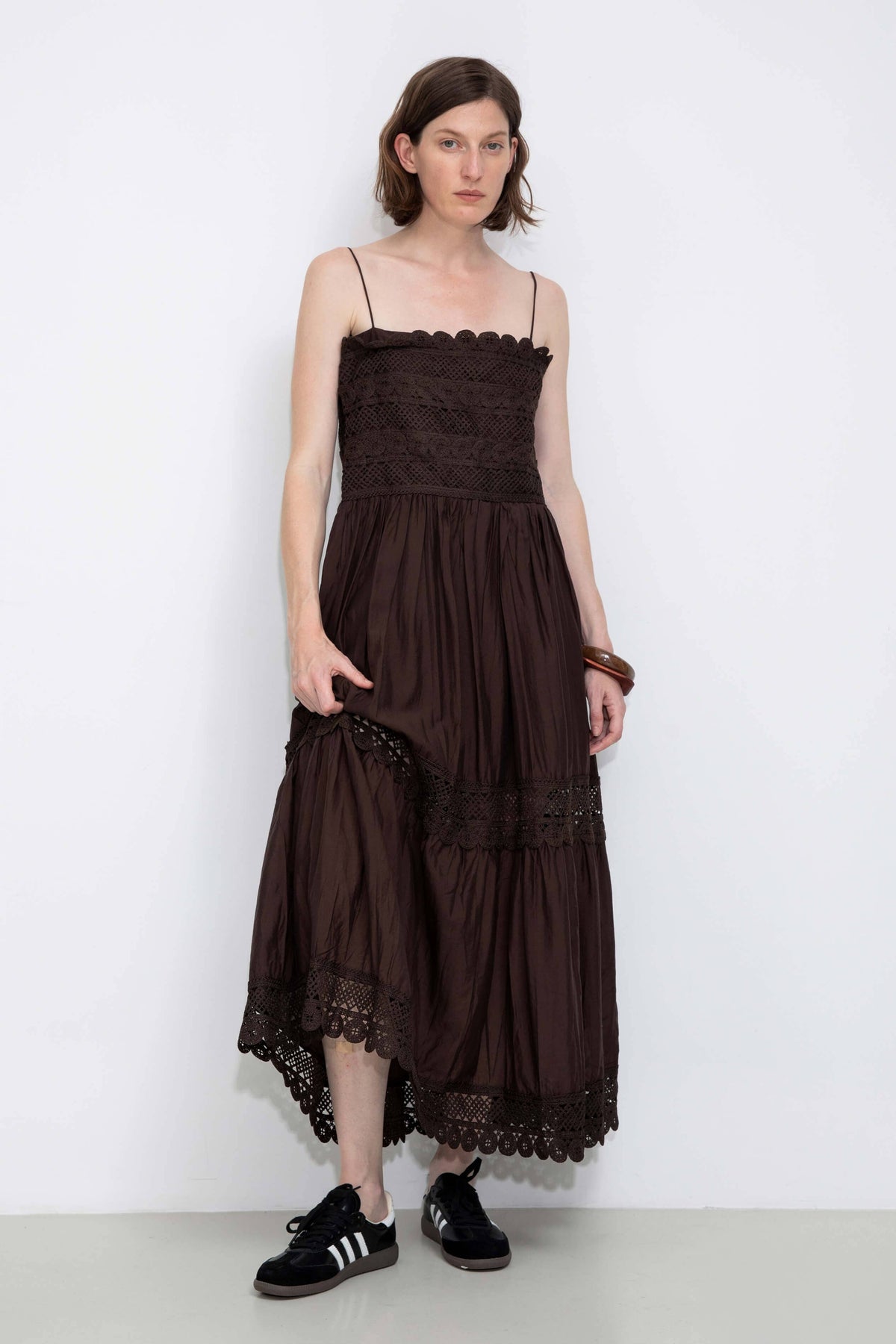 Crochet Lace Panelled Maxi Cami Dress: Brown / S - The Mercantile London
