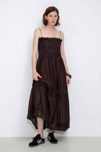 Crochet Lace Panelled Maxi Cami Dress: Brown / S - The Mercantile London