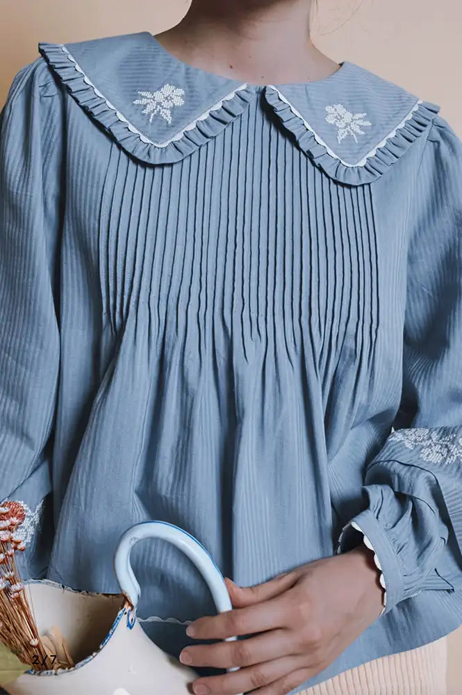 Emile Et Ida Elena Lac Blue Embroidered Blouse