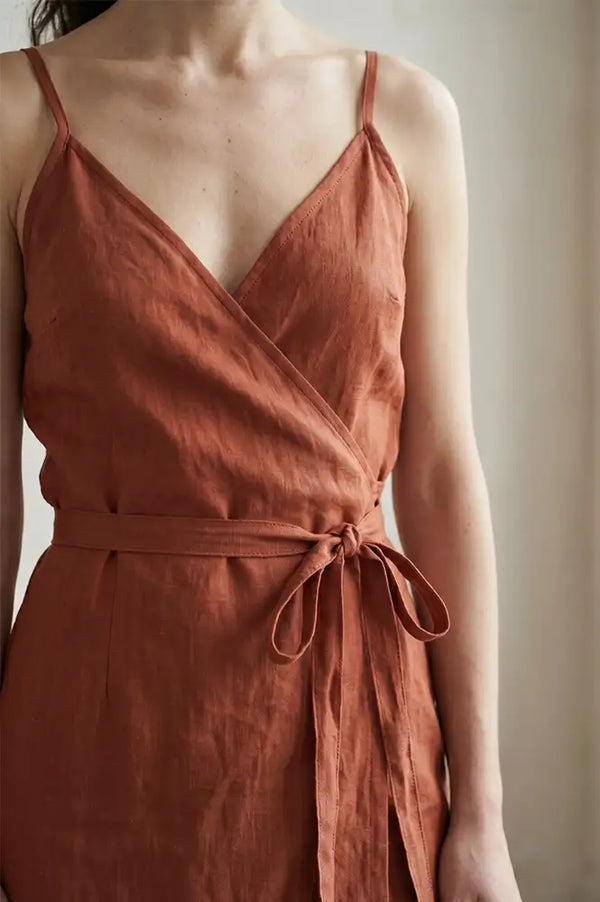 Artisans Of Humanity Calanthe Rust Linen Wrap Dress