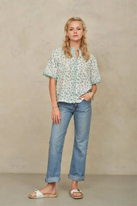 M.A.B.E Edie Green Floral Short Sleeve Blouse