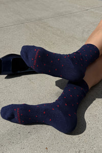 Le Bon Shoppe Lurex Patterned Ink Blue & Red Polka Dot Sneaker Socks