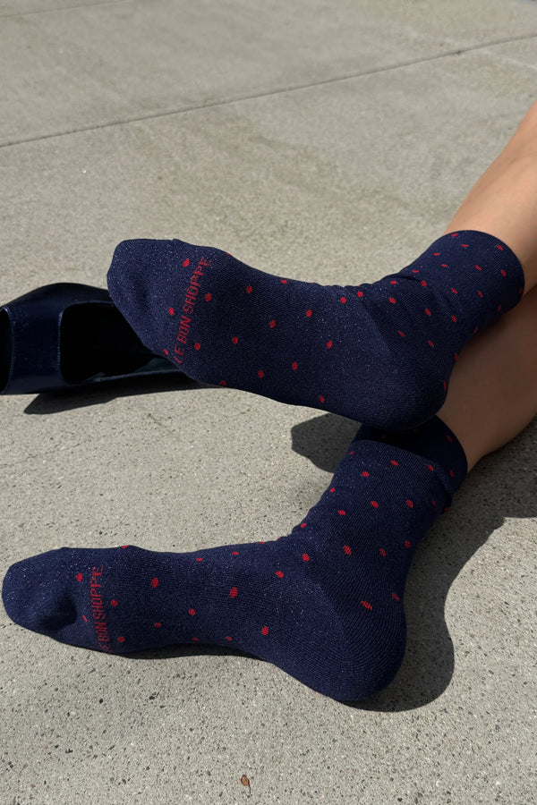 Le Bon Shoppe Lurex Patterned Ink Blue & Red Polka Dot Sneaker Socks - The Mercantile London