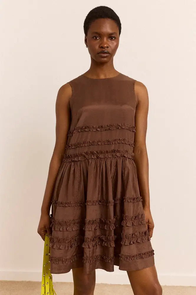 Damson Madder Reed Sheer Chocolate Drop Waist Ruffle Midi Dress