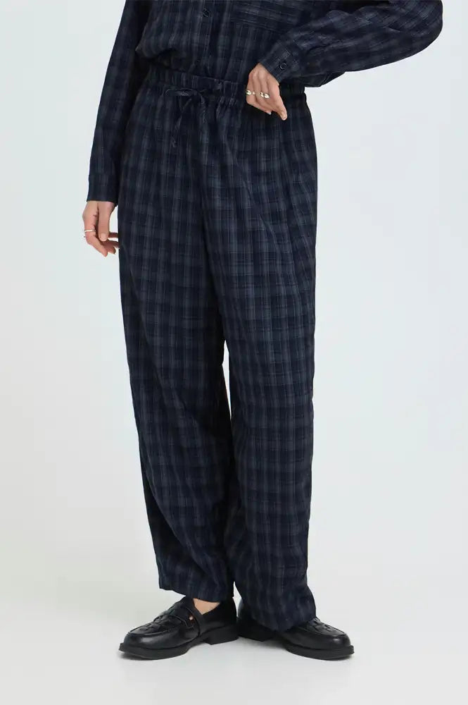ICHI Trine Total Eclipse Navy Check Trousers - The Mercantile London