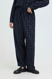 ICHI Trine Total Eclipse Navy Check Trousers - The Mercantile London