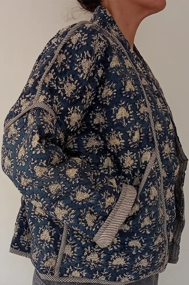 Cotton Conscious Navy Block Print Reversible Kimono Jacket