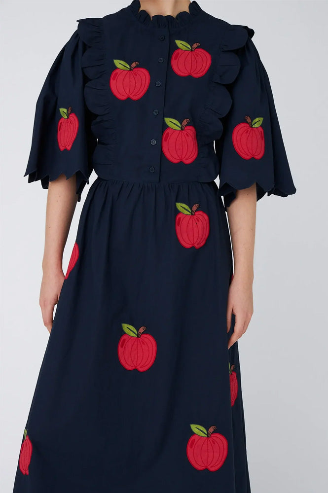 Stella Nova Apple Embroidered Navy Midi Dress - The Mercantile London