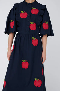 Stella Nova Apple Embroidered Navy Midi Dress - The Mercantile London