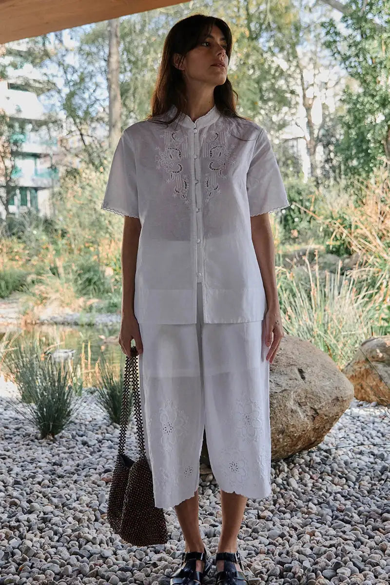 Yerse White Embroidered Mandarin Collar Shirt - The Mercantile London