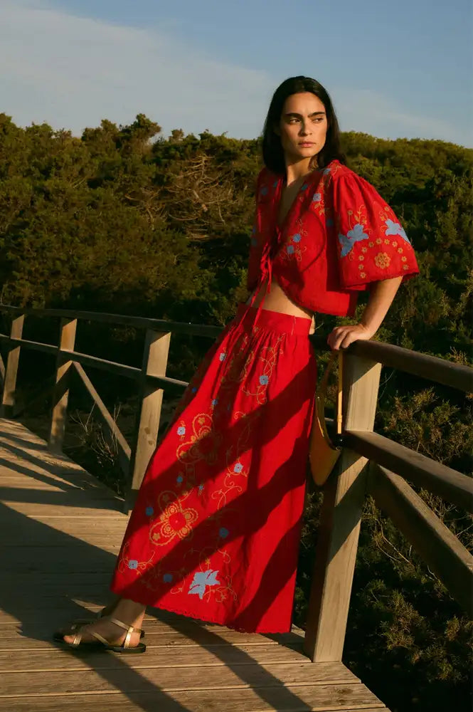 Sophie + Lucie Poppy Red Embroidered Skirt - The Mercantile London