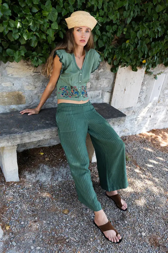 Indi & Cold Emerald Striped Linen Trousers