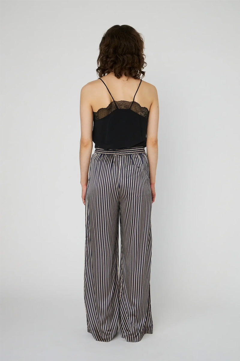 Stella Nova Creme And Navy Striped Silk Trousers - The Mercantile London