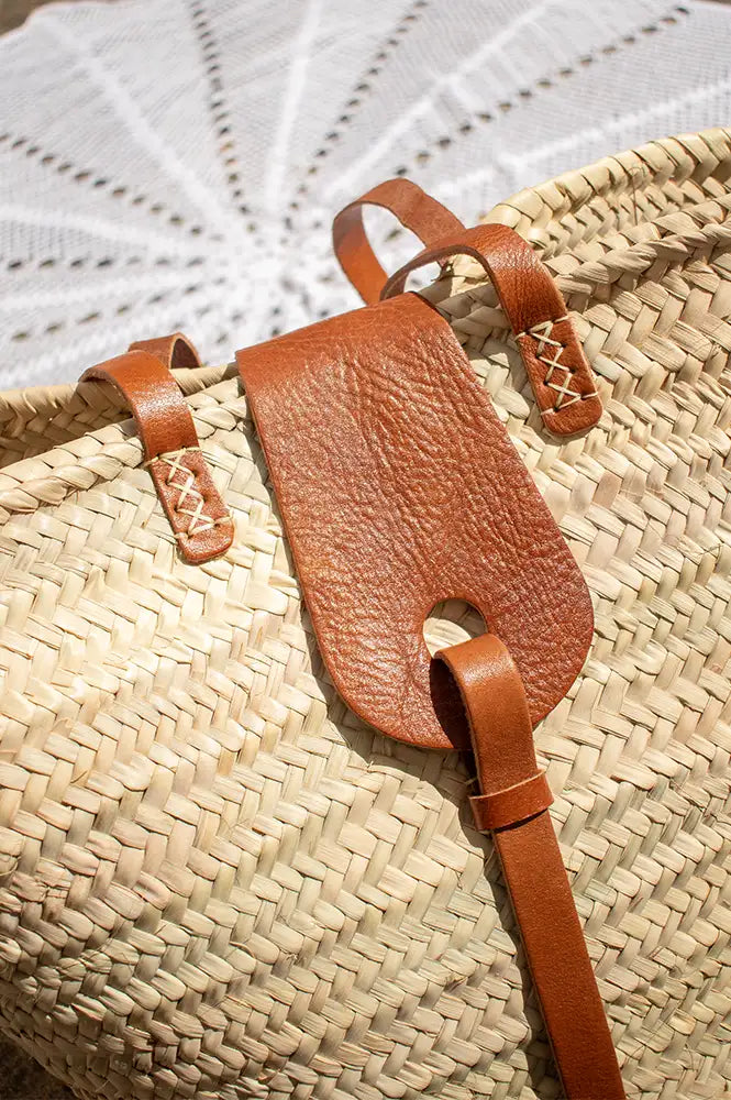 French Tan Leather Detailed Market Basket Bag