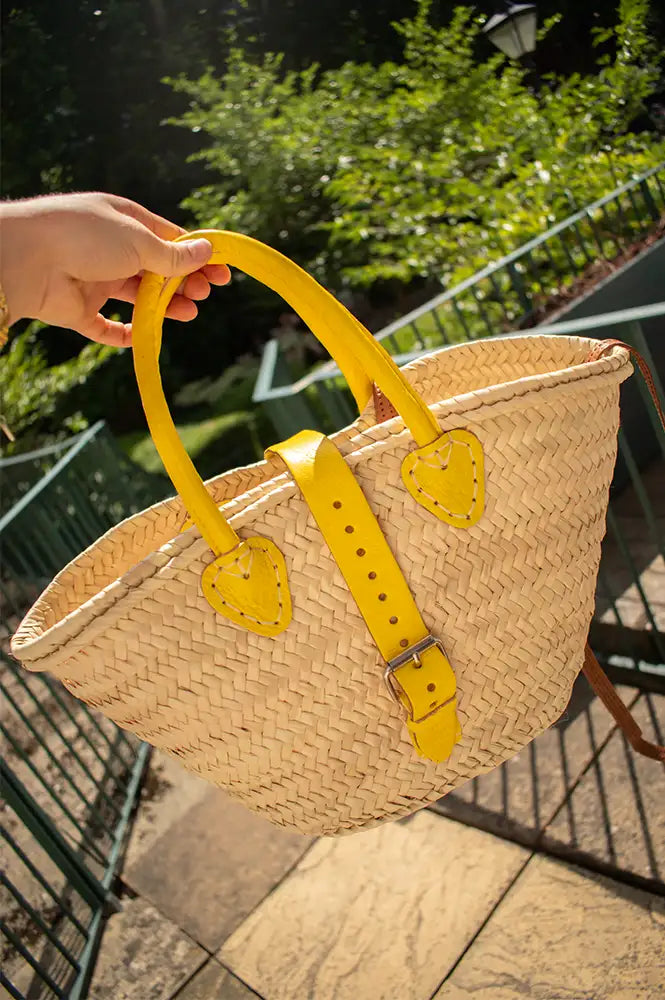 French Yellow Leather Detailed Small Market Basket Bag