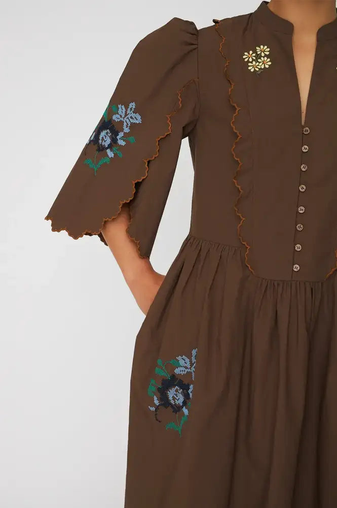 Stella Nova Embroidered Brown Loose Midi Dress