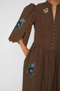 Stella Nova Embroidered Brown Loose Midi Dress