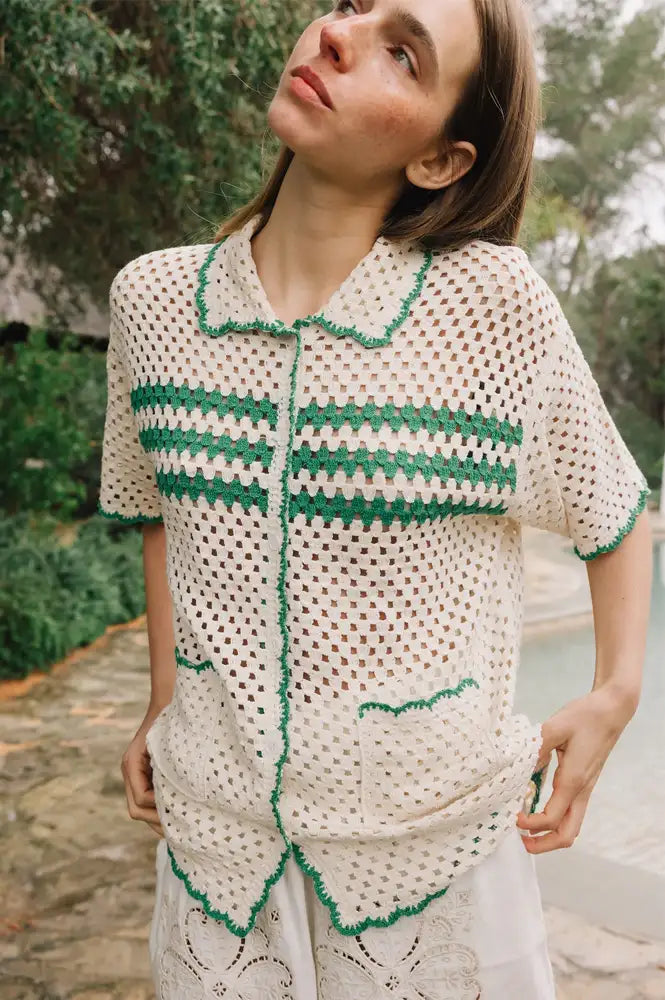 Indi & Cold Retro Green Crochet Shirt - The Mercantile London
