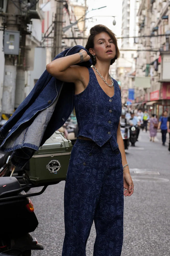 Seventy + Mochi Kiki Baroque Nightfall Denim Vest - The Mercantile London