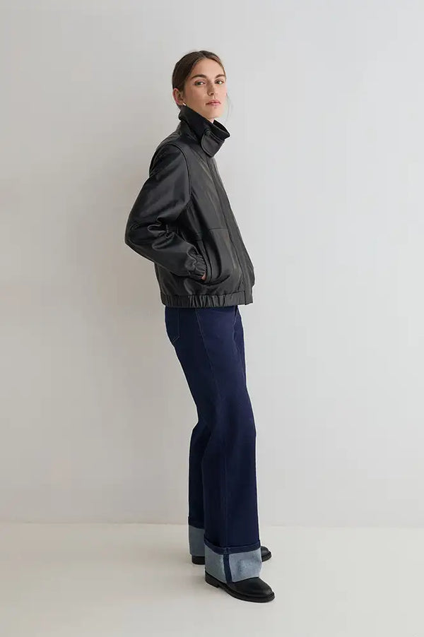 Yerse Black Leather Bomber Jacket