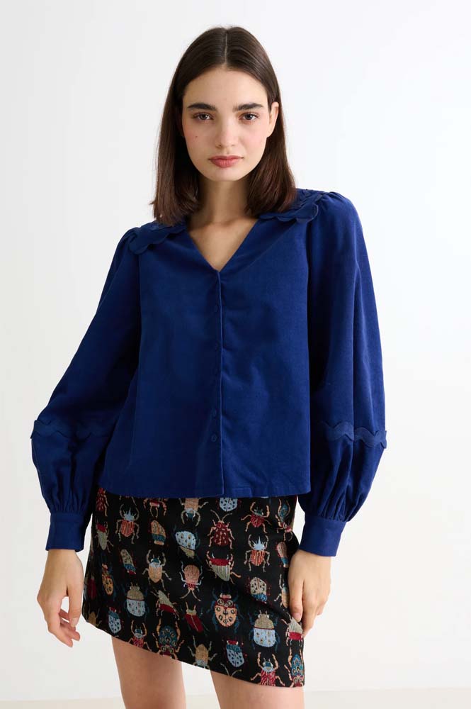 Louche Pallas Navy Babycord Ric Rac Blouse - The Mercantile London