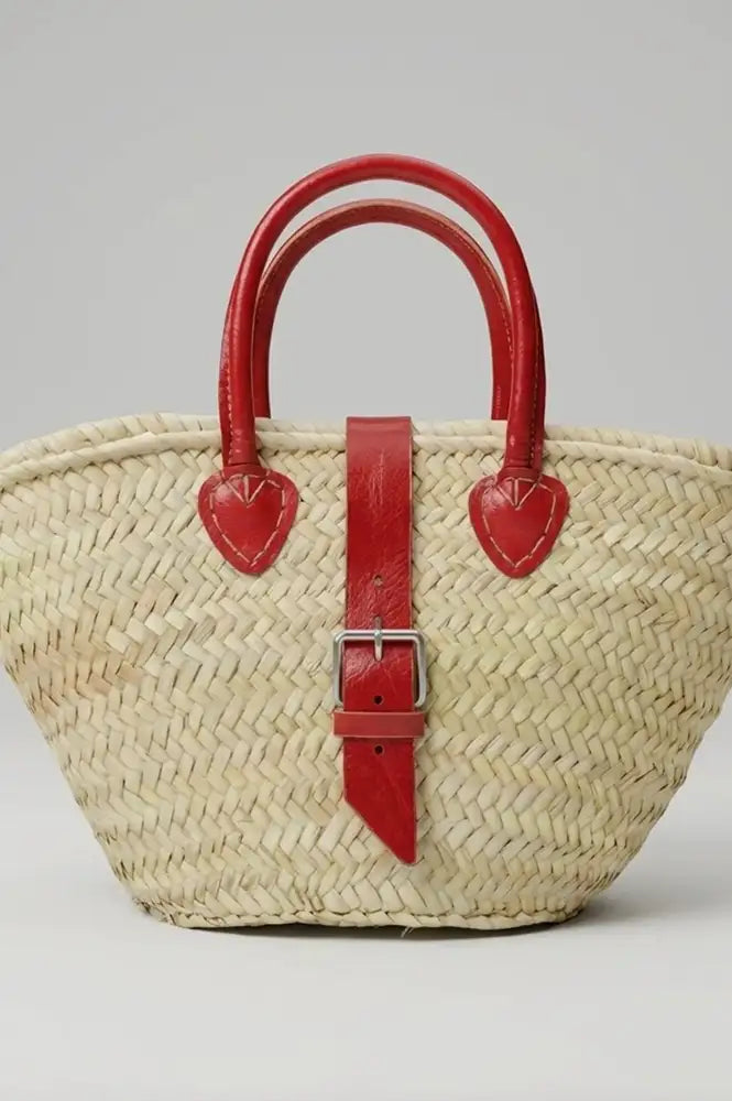 French Red Leather Detailed Small Market Basket Bag