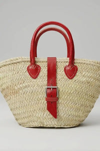 French Red Leather Detailed Small Market Basket Bag