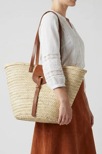 French Tan Leather Detailed Market Basket Bag