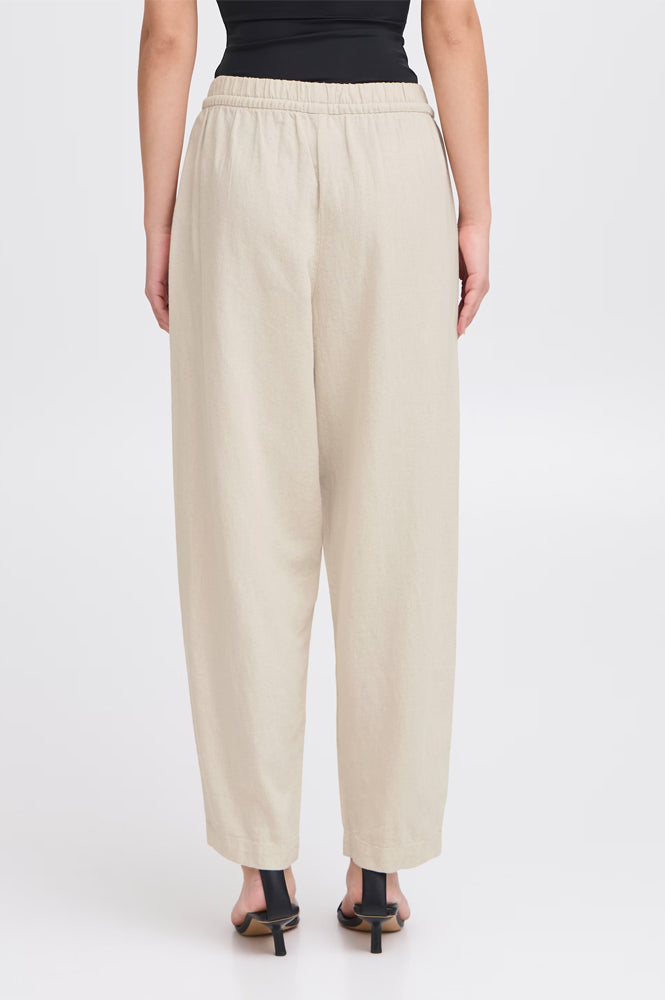 ICHI Linno Ecru Barrel Leg Trousers - The Mercantile London