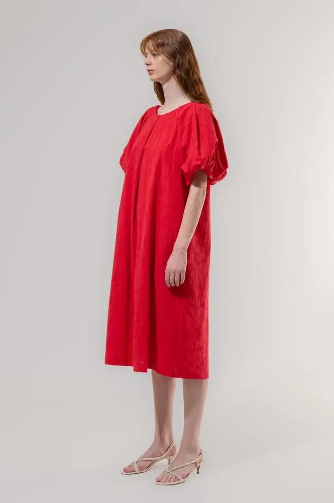 Emin + Paul Red Textured Puff Sleeve Dress - The Mercantile London