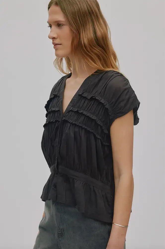 Rabens Saloner Elenor Liquorice Voile Frill Top - The Mercantile London