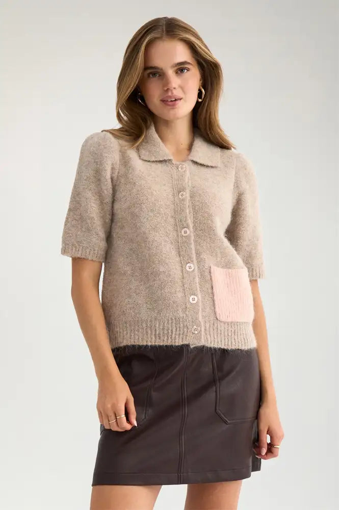 Numph Salia Sesame Melange Short Sleeve Cardigan