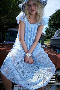 Lolly's Laundry Milan Dusty Blue Lace Midi Dress - The Mercantile London