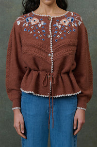 Louise Misha Sandya Embroidered Chestnut Cardigan - The Mercantile London