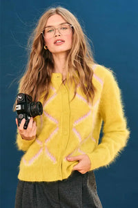 Jumper 1234 Acid Yellow Brushed Cashmere Graphic Argyle Cardigan