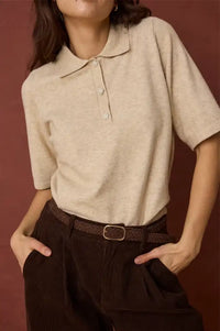 Fransa Suzette Oatmeal Melange Knitted Polo Top