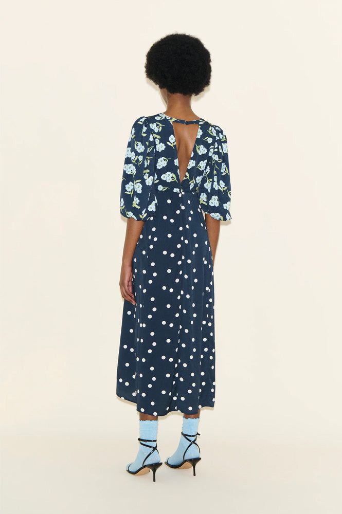 Samdi Dahlia Navy Polka & Powder Blue Floral Dress - The Mercantile London