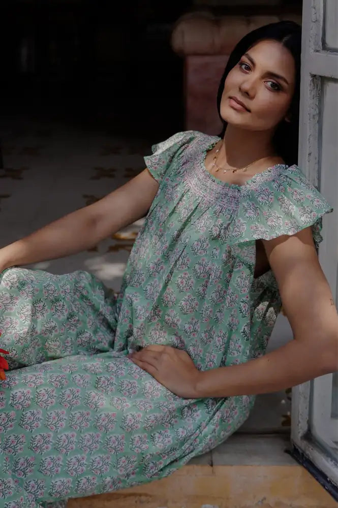 Dilli Grey Mogra Sage Smocked Nightie - The Mercantile London