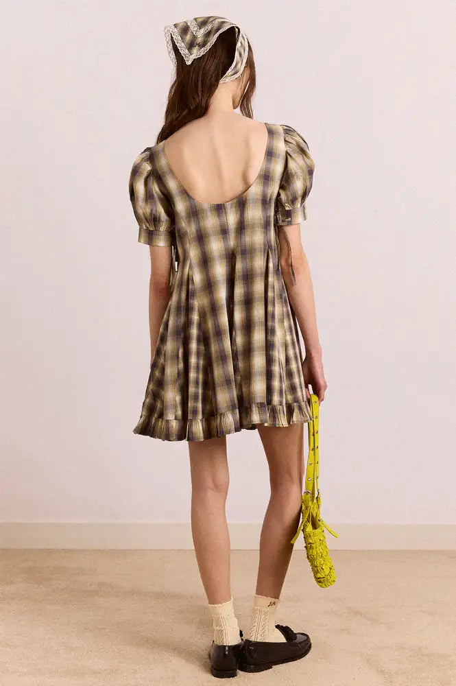 Damson Madder Sabina Cardamon Mix Check Mini Godet Dress