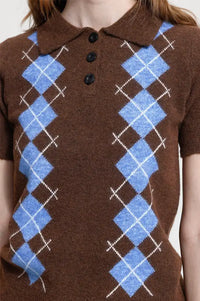 ICHI Dasila Chicory Harlequin Knitted Polo Top