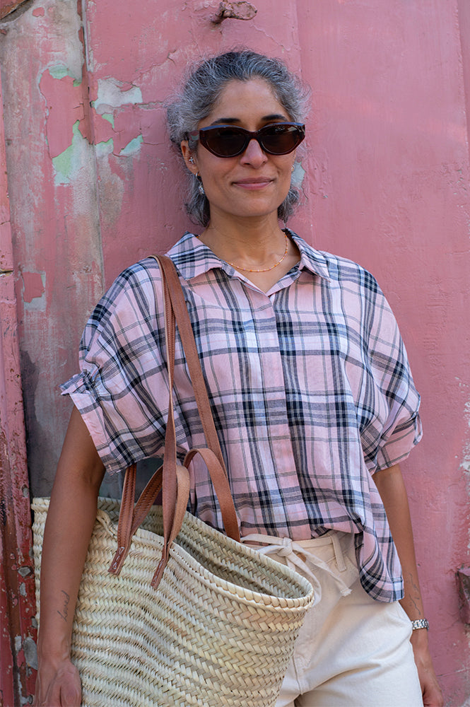 ICHI Sami Pink And Navy Checked Shirt - The Mercantile London